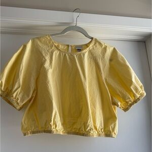 A New Day Large Yellow with white pinstripe Puff Sleeve Crop Blouse